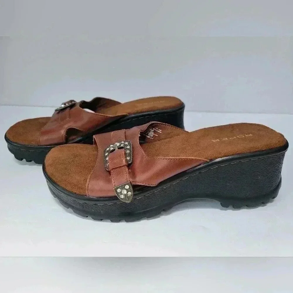 Roper Women's Chunky Heel Platform Leather Sandals Size 9 - Picture 2 of 5